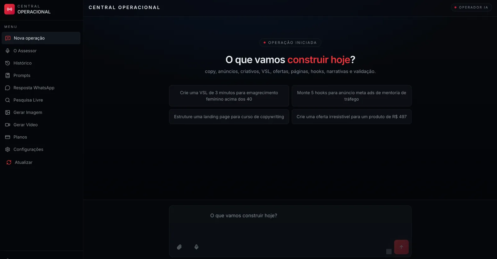 Interface da Central Operacional — assistente de IA para operadores digitais